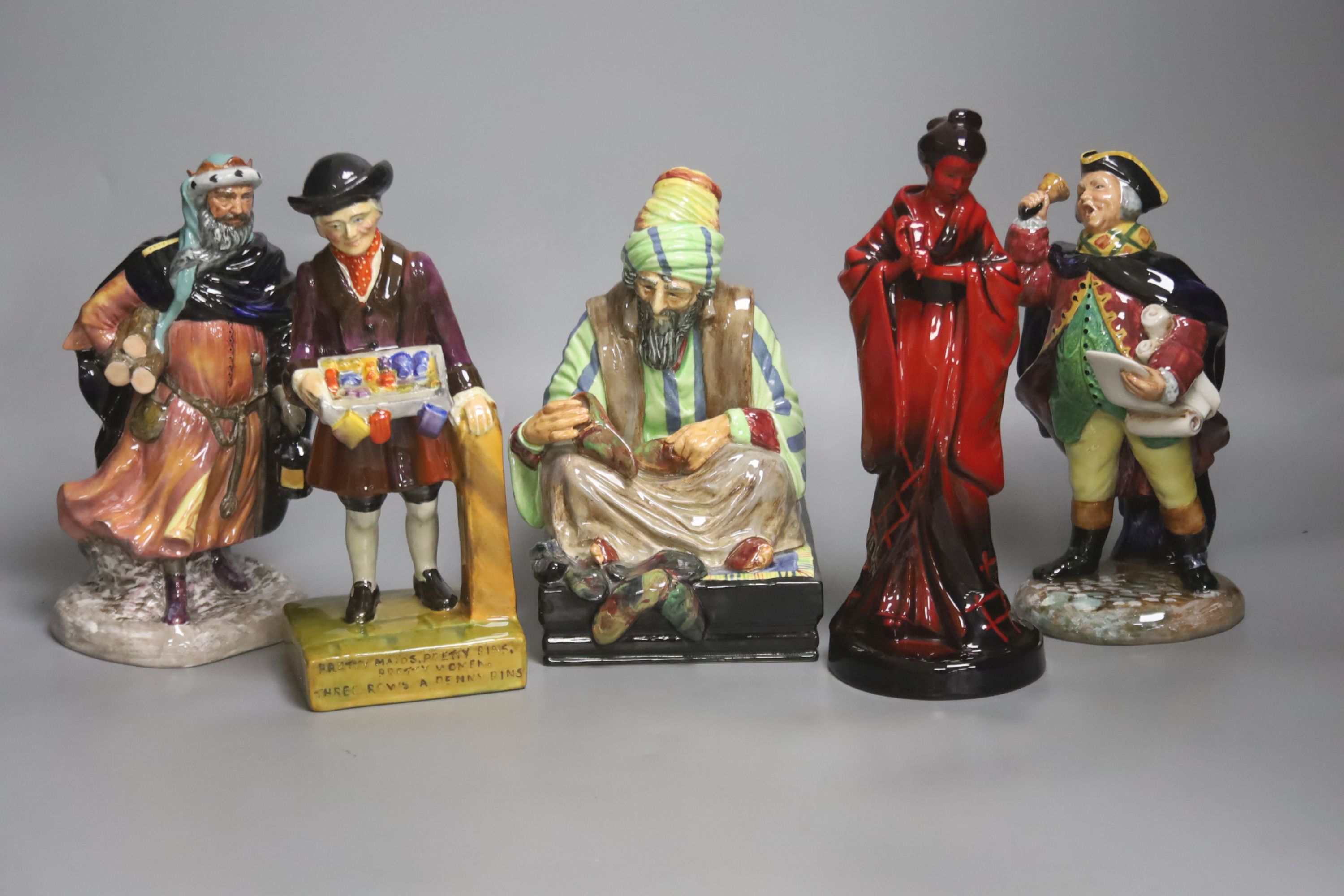 kRoyal Doulton figures: Town Crier HN2119, Cobbler HN1706, Good King Wenceslas HN2118, The Geisha and a Royal Staffordshire figure 'Penny Pins', tallest 24cm high